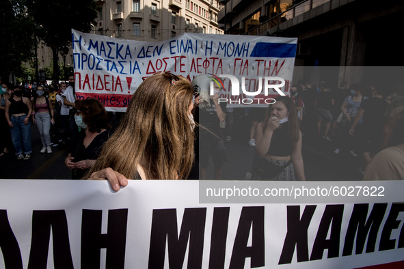 Students protest in Athens, Greece on September 24, 2020. They ask from the government to give money for education, to reduce the number of...