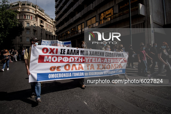 Students protest in Athens, Greece on September 24, 2020. They ask from the government to give money for education, to reduce the number of...