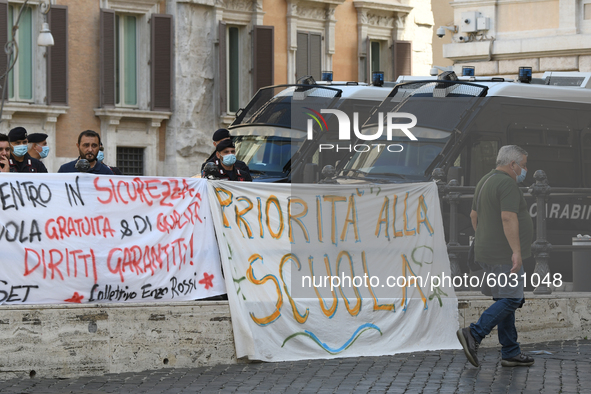 Students and trade unions of the capital took to Piazza Montecitorio in Rome, Italy, on September 25, 2020 to contest the reopening of schoo...