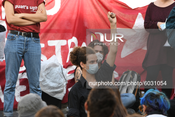 Students and trade unions of the capital took to Piazza Montecitorio in Rome, Italy, on September 25, 2020 to contest the reopening of schoo...