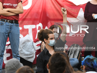 Students and trade unions of the capital took to Piazza Montecitorio in Rome, Italy, on September 25, 2020 to contest the reopening of schoo...