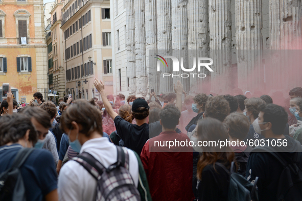 Students and trade unions of the capital took to Piazza Montecitorio in Rome, Italy, on September 25, 2020 to contest the reopening of schoo...