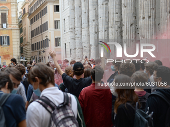 Students and trade unions of the capital took to Piazza Montecitorio in Rome, Italy, on September 25, 2020 to contest the reopening of schoo...