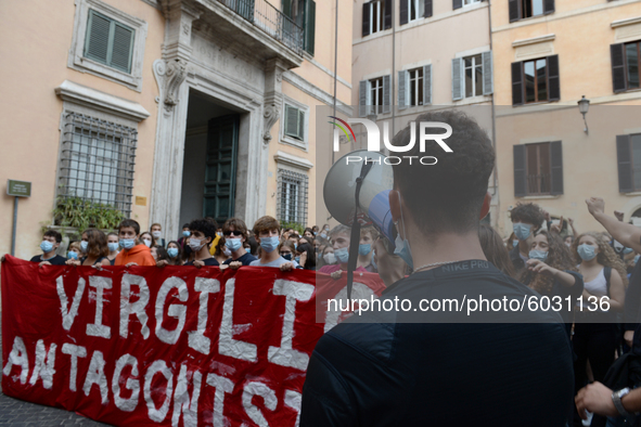 Students and trade unions of the capital took to Piazza Montecitorio in Rome, Italy, on September 25, 2020 to contest the reopening of schoo...