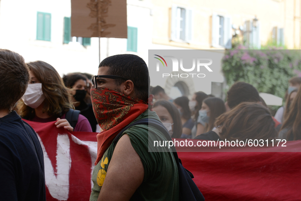 Students and trade unions of the capital took to Piazza Montecitorio in Rome, Italy, on September 25, 2020 to contest the reopening of schoo...