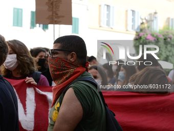 Students and trade unions of the capital took to Piazza Montecitorio in Rome, Italy, on September 25, 2020 to contest the reopening of schoo...