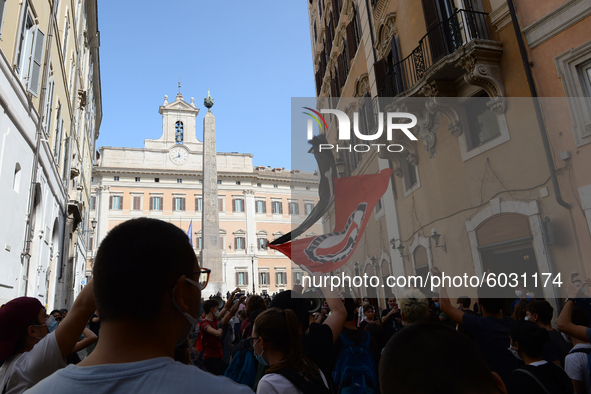 Students and trade unions of the capital took to Piazza Montecitorio in Rome, Italy, on September 25, 2020 to contest the reopening of schoo...