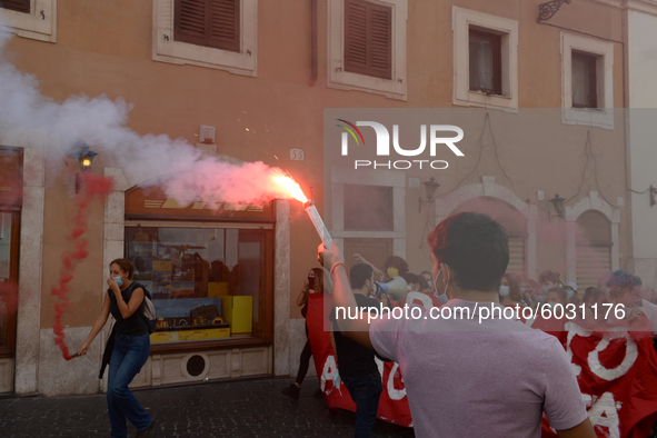 Students and trade unions of the capital took to Piazza Montecitorio in Rome, Italy, on September 25, 2020 to contest the reopening of schoo...