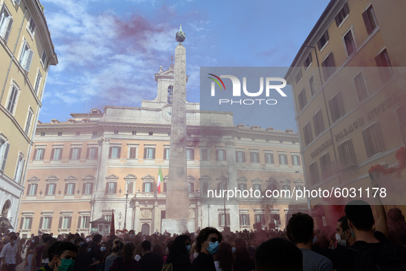 Students and trade unions of the capital took to Piazza Montecitorio in Rome, Italy, on September 25, 2020 to contest the reopening of schoo...