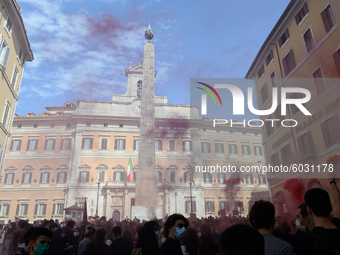 Students and trade unions of the capital took to Piazza Montecitorio in Rome, Italy, on September 25, 2020 to contest the reopening of schoo...