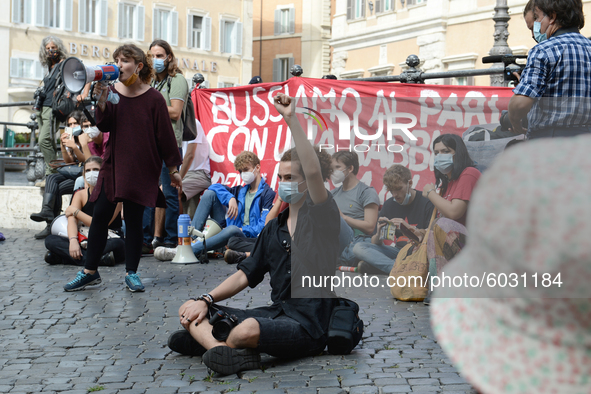 Students and trade unions of the capital took to Piazza Montecitorio in Rome, Italy, on September 25, 2020 to contest the reopening of schoo...