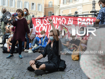 Students and trade unions of the capital took to Piazza Montecitorio in Rome, Italy, on September 25, 2020 to contest the reopening of schoo...