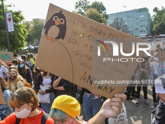 Young protesters with pro-climate banners are seen in Gdansk, Poland, on 25 September 2020  Several hundreds Children and young people weari...