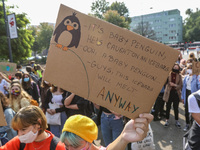 Young protesters with pro-climate banners are seen in Gdansk, Poland, on 25 September 2020  Several hundreds Children and young people weari...