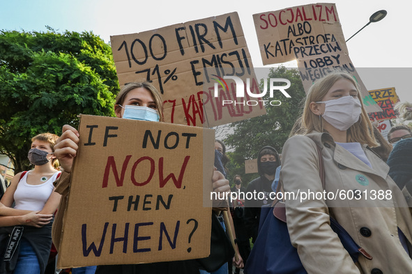 Young protesters with pro-climate banners are seen in Gdansk, Poland, on 25 September 2020  Several hundreds Children and young people weari...