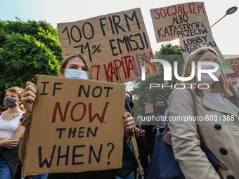 Young protesters with pro-climate banners are seen in Gdansk, Poland, on 25 September 2020  Several hundreds Children and young people weari...