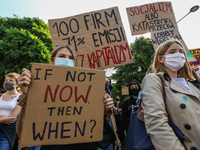 Young protesters with pro-climate banners are seen in Gdansk, Poland, on 25 September 2020  Several hundreds Children and young people weari...