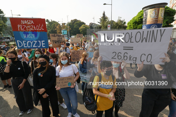 Young protesters with pro-climate banners are seen in Gdansk, Poland, on 25 September 2020  Several hundreds Children and young people weari...