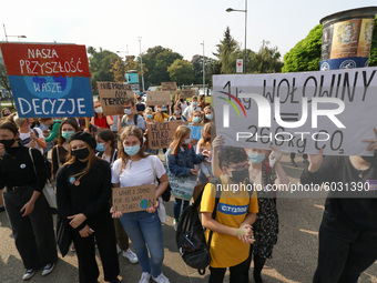 Young protesters with pro-climate banners are seen in Gdansk, Poland, on 25 September 2020  Several hundreds Children and young people weari...