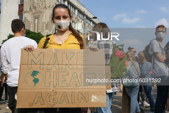 Young protesters with pro-climate banners are seen in Gdansk, Poland, on 25 September 2020  Several hundreds Children and young people weari...