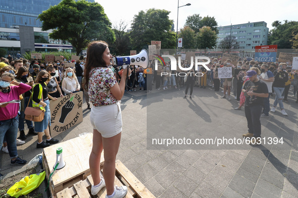 Young protesters with pro-climate banners are seen in Gdansk, Poland, on 25 September 2020  Several hundreds Children and young people weari...