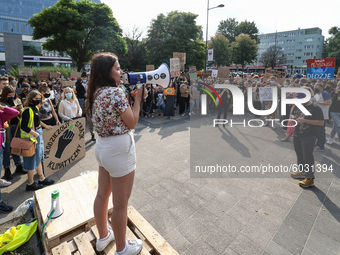 Young protesters with pro-climate banners are seen in Gdansk, Poland, on 25 September 2020  Several hundreds Children and young people weari...