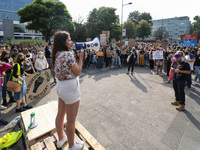 Young protesters with pro-climate banners are seen in Gdansk, Poland, on 25 September 2020  Several hundreds Children and young people weari...