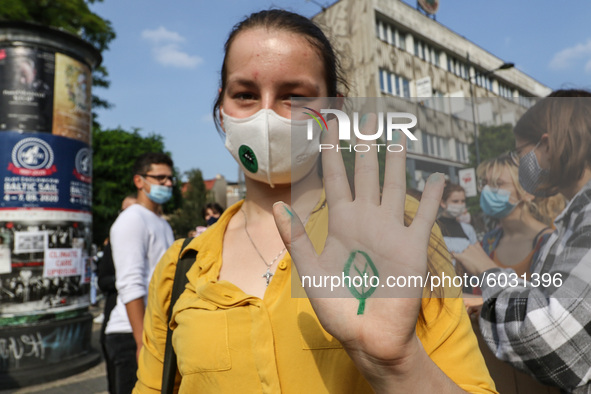 Young protesters with pro-climate banners are seen in Gdansk, Poland, on 25 September 2020  Several hundreds Children and young people weari...