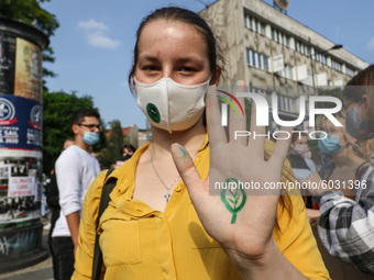 Young protesters with pro-climate banners are seen in Gdansk, Poland, on 25 September 2020  Several hundreds Children and young people weari...