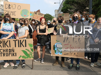 Young protesters with pro-climate banners are seen in Gdansk, Poland, on 25 September 2020  Several hundreds Children and young people weari...