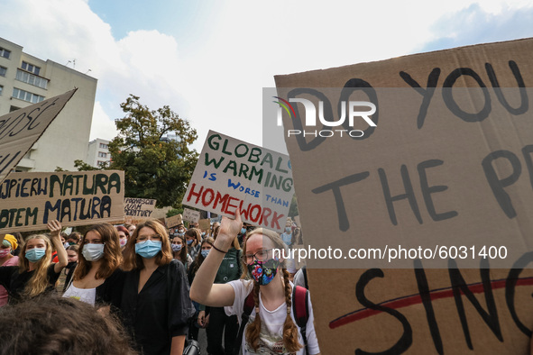 Young protesters with pro-climate banners are seen in Gdansk, Poland, on 25 September 2020  Several hundreds Children and young people weari...