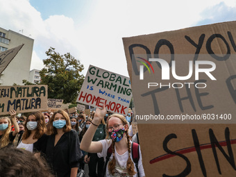 Young protesters with pro-climate banners are seen in Gdansk, Poland, on 25 September 2020  Several hundreds Children and young people weari...