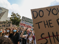 Young protesters with pro-climate banners are seen in Gdansk, Poland, on 25 September 2020  Several hundreds Children and young people weari...