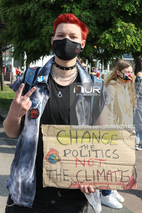 Young protesters with pro-climate banners are seen in Gdansk, Poland, on 25 September 2020  Several hundreds Children and young people weari...