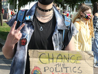 Young protesters with pro-climate banners are seen in Gdansk, Poland, on 25 September 2020  Several hundreds Children and young people weari...