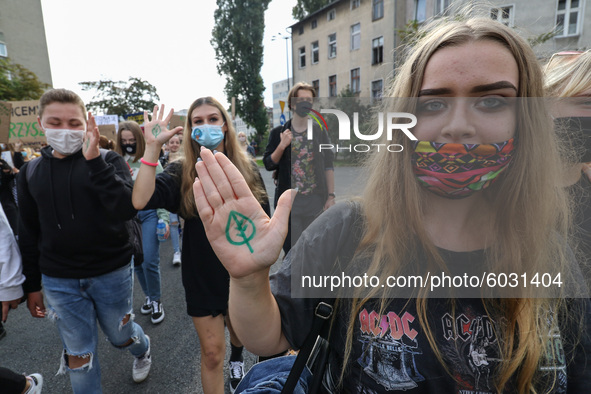 Young protesters with pro-climate banners are seen in Gdansk, Poland, on 25 September 2020  Several hundreds Children and young people weari...