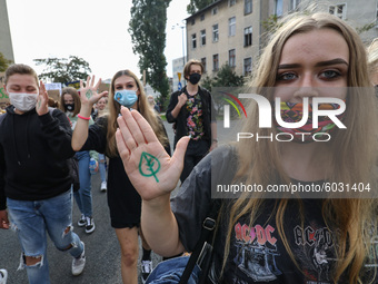 Young protesters with pro-climate banners are seen in Gdansk, Poland, on 25 September 2020  Several hundreds Children and young people weari...