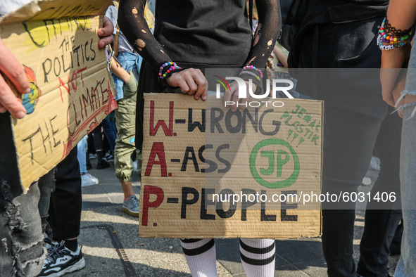 Young protesters with pro-climate banners are seen in Gdansk, Poland, on 25 September 2020  Several hundreds Children and young people weari...