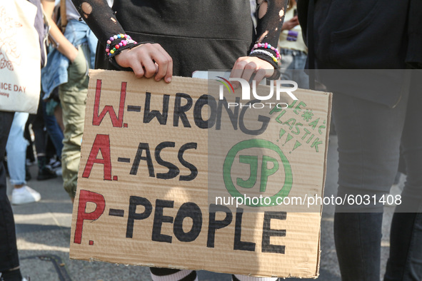 Young protesters with pro-climate banners are seen in Gdansk, Poland, on 25 September 2020  Several hundreds Children and young people weari...