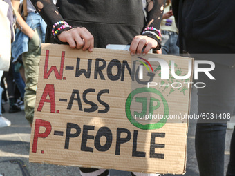 Young protesters with pro-climate banners are seen in Gdansk, Poland, on 25 September 2020  Several hundreds Children and young people weari...