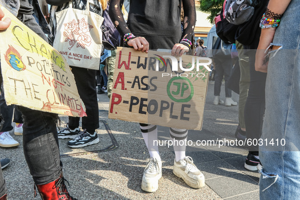 Young protesters with pro-climate banners are seen in Gdansk, Poland, on 25 September 2020  Several hundreds Children and young people weari...