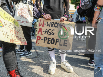 Young protesters with pro-climate banners are seen in Gdansk, Poland, on 25 September 2020  Several hundreds Children and young people weari...