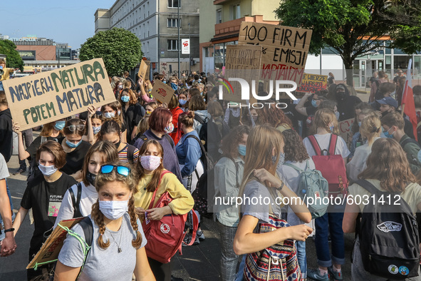 Young protesters with pro-climate banners are seen in Gdansk, Poland, on 25 September 2020  Several hundreds Children and young people weari...