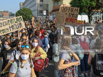 Young protesters with pro-climate banners are seen in Gdansk, Poland, on 25 September 2020  Several hundreds Children and young people weari...