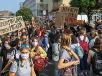 Young protesters with pro-climate banners are seen in Gdansk, Poland, on 25 September 2020  Several hundreds Children and young people weari...