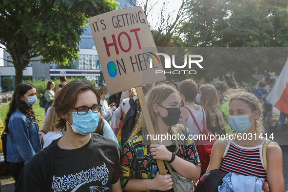 Young protesters with pro-climate banners are seen in Gdansk, Poland, on 25 September 2020  Several hundreds Children and young people weari...