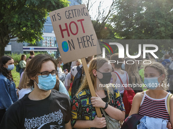 Young protesters with pro-climate banners are seen in Gdansk, Poland, on 25 September 2020  Several hundreds Children and young people weari...