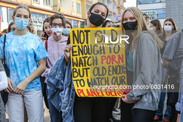 Young protesters with pro-climate banners are seen in Gdansk, Poland, on 25 September 2020  Several hundreds Children and young people weari...