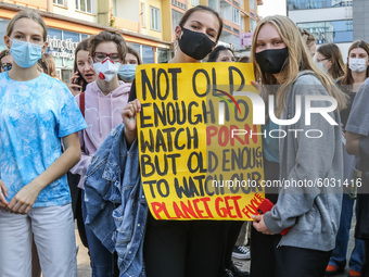 Young protesters with pro-climate banners are seen in Gdansk, Poland, on 25 September 2020  Several hundreds Children and young people weari...