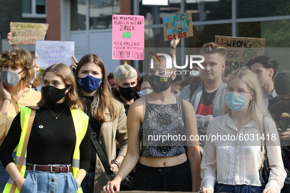 Young protesters with pro-climate banners are seen in Gdansk, Poland, on 25 September 2020  Several hundreds Children and young people weari...